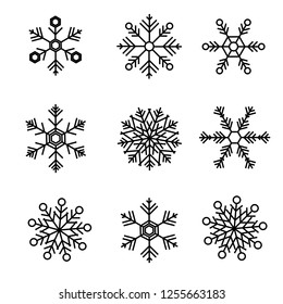 Set of 9 Black and White Snowflakes on White Background. Vector Snowflakes Line Icons.