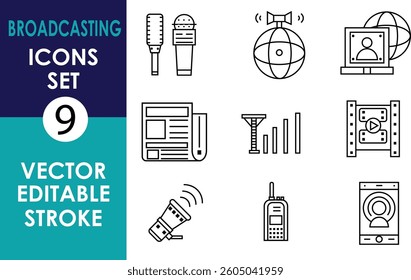 A set of 9 black-and-white vector icons related to broadcasting, including microphones, satellite, video call, newspaper, antenna, film, megaphone, walkie-talkie, and a smartphone