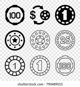 Set of 9 blackjack filled and outline icons such as casino chip and money