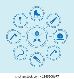 Set of 9 blade filled icons such as sickle, axe, saw, stationery knife, circular saw, ice skates