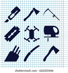 Set of 9 blade filled icons such as razor, cutter, electric saw, scythe, axe, gardening knife, knife, axe weapon