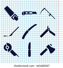 Set of 9 blade filled icons such as bllade razor, axe, saw, electric saw, knife, scythe, cutter, gardening knife