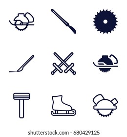 set of 9 blade filled and outline icons such as electric saw, scalpel, razor, ice skating