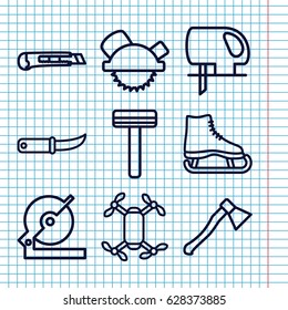 Set of 9 blade outline icons such as razor, circular saw, saw blade, electric saw, gardening knife, cutter, axe weapon, axle with propeller