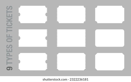 Set of 9 blank or empty ticket template. Cinema, theater, concert and boarding tickets, discount and sales coupons. Vector illustration isolated on transparent background.