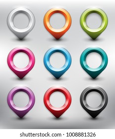 Set of 9 blank map markers. Location icons. Isolated on the white background. Vector illustration. Eps10.