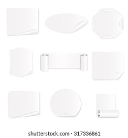 Set of 9 blank white stickers on a white background. Vector illustration