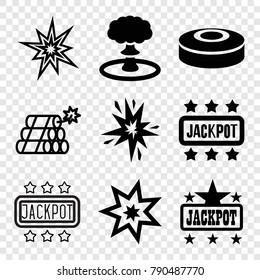 Set of 9 blast filled and outline icons such as jackpot, explosion, smoke bomb, explode