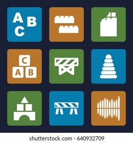Set of 9 block filled icons such as barrier, abc cube, pyramid, child building kit, toy tower, equalizer, abc