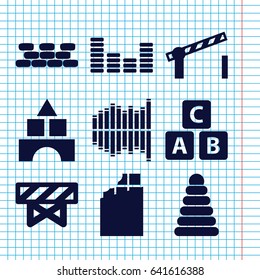 Set of 9 block filled icons such as barrier, abc cube, pyramid, toy tower, equalizer, road barrier, brick wall