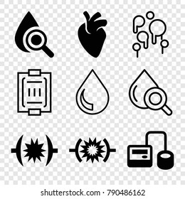 Set of 9 blood filled and outline icons such as blod pressure tool, pressure, drop under magnifier, blood pressure measure, drop, blood
