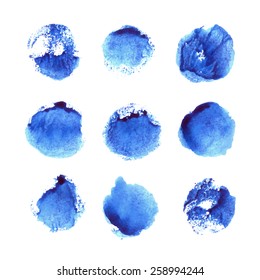 Set of 9 blue circles painted in watercolor. Vector template for your design.