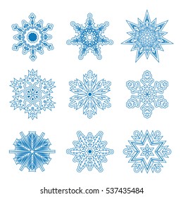 Set of 9 blue decorative snowflakes. Snowflakes icon. Vector illustration.