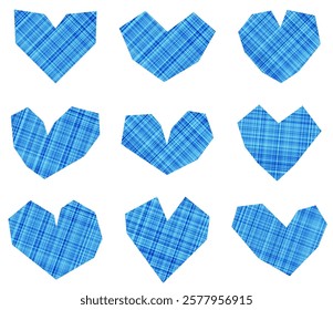 A set of 9 blue plaid geometric hearts on a white background. Perfect for creative, modern, and playful design projects.