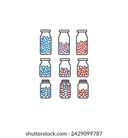 Set of 9 blue, red medication bottle with capsules icons - simplified vector illustration elements to use in web and product design, advertisement and more.