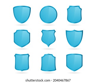 Conjunto de 9 escudos azules sobre fondo blanco, ilustración eps10 vectorial