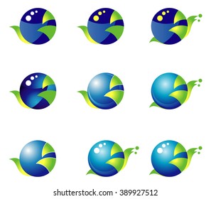 Set 9 blue-green Icons on the basis of a circle. Snail.