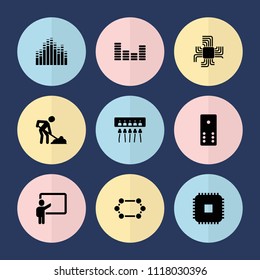 Set of 9 board filled icons such as digging man, equalizer, cpu, teacher, domino