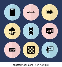 Set of 9 board filled icons such as cutting board, teacher, domino, chart on display, electric circuit