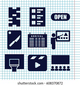 Set of 9 board filled icons such as arrival table, movie clapper, checklist, open, chopping board and knife, basketball basket, teacher, classroom