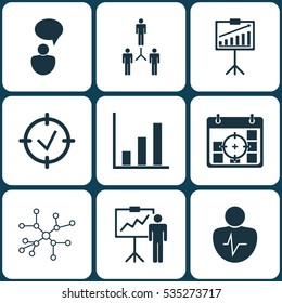 Set Of 9 Board Icons. Includes Statistic Demonstration, Project Success, Approved Target And Other Symbols. Beautiful Design Elements.