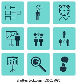 Set Of 9 Board Icons. Includes Team Organization, Project Time, Special Demonstration And Other Symbols. Beautiful Design Elements.