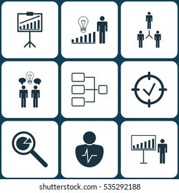 Set Of 9 Board Icons. Includes Approved Target, Personal Character, Decision Making And Other Symbols. Beautiful Design Elements.
