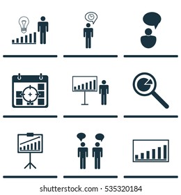Set Of 9 Board Icons. Includes Idea Discussion, Project Appearance, Project Analysis And Other Symbols. Beautiful Design Elements.