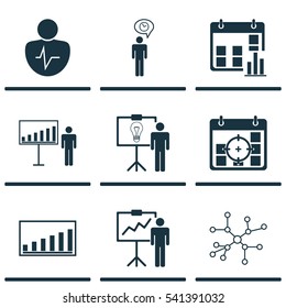 Set Of 9 Board Icons. Includes Planning, Personal Character, Solution Demonstration And Other Symbols. Beautiful Design Elements.