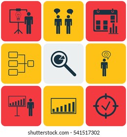 Set Of 9 Board Icons. Includes Company Statistics, Project Presentation, Planning And Other Symbols. Beautiful Design Elements.