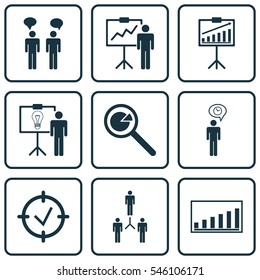 Set Of 9 Board Icons. Includes Special Demonstration, Company Statistics, Report Demonstration And Other Symbols. Beautiful Design Elements.