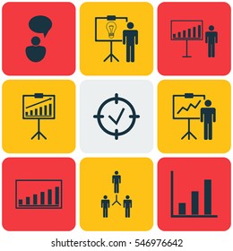 Set Of 9 Board Icons. Includes Report Demonstration, Approved Target, Bar Chart And Other Symbols. Beautiful Design Elements.