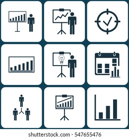 Set Of 9 Board Icons. Includes Solution Demonstration, Group Organization, Bar Chart And Other Symbols. Beautiful Design Elements.