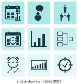 Set Of 9 Board Icons. Includes Bar Chart, Approved Target, Opinion Analysis And Other Symbols. Beautiful Design Elements.