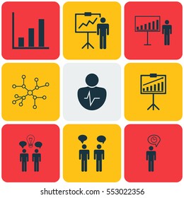 Set Of 9 Board Icons. Includes Project Presentation, Co-Working, Report Demonstration And Other Symbols. Beautiful Design Elements.