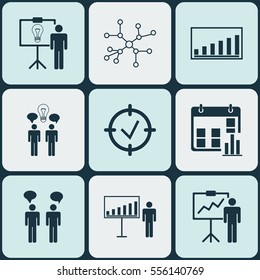 Set Of 9 Board Icons. Includes Company Statistics, Presentation Date, Conversation And Other Symbols. Beautiful Design Elements.