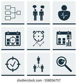 Set Of 9 Board Icons. Includes Group Organization, Approved Target, Reminder And Other Symbols. Beautiful Design Elements.