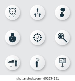 Set Of 9 Board Icons. Includes Opinion Analysis, Personal Character, Project Presentation And Other Symbols. Beautiful Design Elements.
