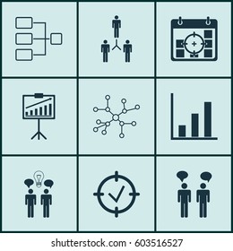 Set Of 9 Board Icons. Includes Report Demonstration, Co-Working, System Structure And Other Symbols. Beautiful Design Elements.