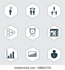 Set Of 9 Board Icons. Includes Co-Working, Bar Chart, Group Organization And Other Symbols. Beautiful Design Elements.