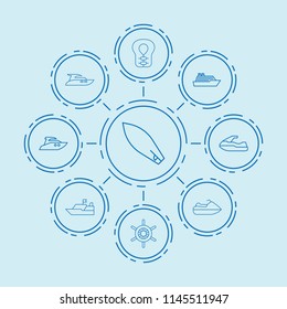 Set of 9 boat outline icons such as boat, water bike, life jacket, ship, helm, yacht