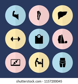 Set of 9 body filled icons such as baby changing room, tights, barbell, floor scale, waist fitness, muscle, treadmill, liver