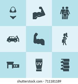 Set of 9 body filled icons such as car service, car repair, pregnant, family, muscle, spine, uv cream