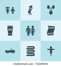 Set of 9 body filled icons such as pickup, scarecrow, towels, pregnant, family, boy and girl, kidney and bladder, uv cream