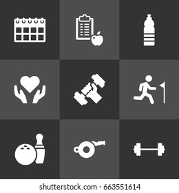 Set Of 9 Bodybuilding Icons Set.Collection Of Bodybuilding, Kegling, Running And Other Elements.