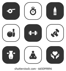 Set Of 9 Bodybuilding Icons Set.Collection Of Barbell, Kegling, Meditate And Other Elements.