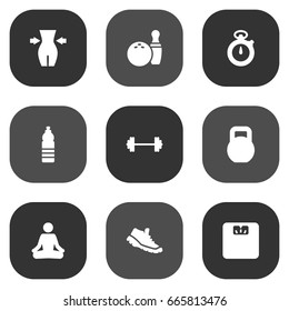 Set Of 9 Bodybuilding Icons Set.Collection Of Meditate, Weights, Kegling And Other Elements.