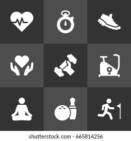 Set Of 9 Bodybuilding Icons Set.Collection Of Training Bicycle, Bodybuilding, Timer And Other Elements.