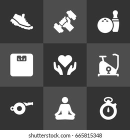 Set Of 9 Bodybuilding Icons Set.Collection Of Training Bicycle, Meditate, Timer And Other Elements.