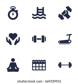 Set Of 9 Bodybuilding Icons Set.Collection Of Meditate, Basin, Barbell And Other Elements.
